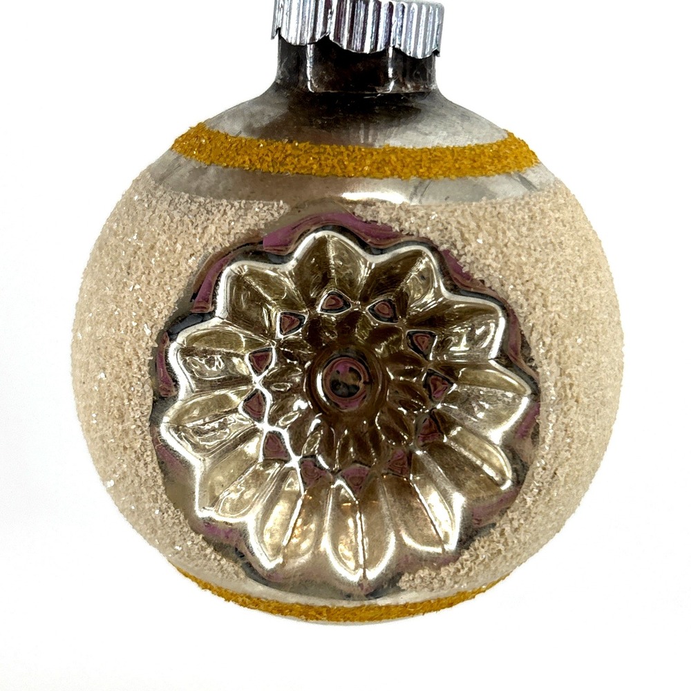 Vintage Shiny Brite White & Gold Glitter Double Indent Glass Ornament